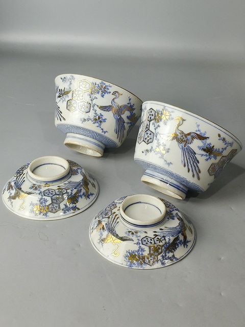 古玩陶瓷十九世紀(jì)·青花描金花鳥紋蓋碗一對(duì)（日本）真品鑒賞圖
