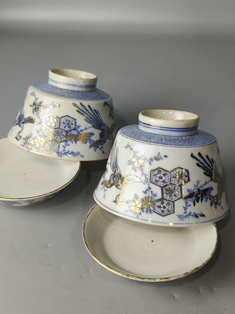 古玩陶瓷十九世紀(jì)·青花描金花鳥紋蓋碗一對(duì)（日本）真品鑒賞圖