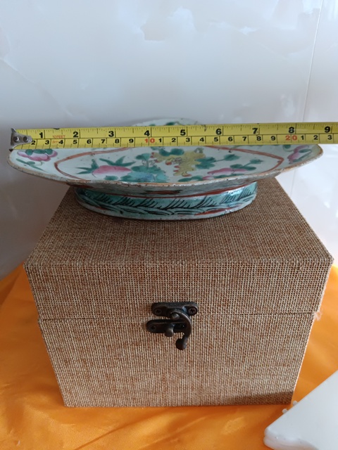 古玩陶瓷晚清粉彩福壽花果紋海棠形貢盤拍賣，當前價格298元
