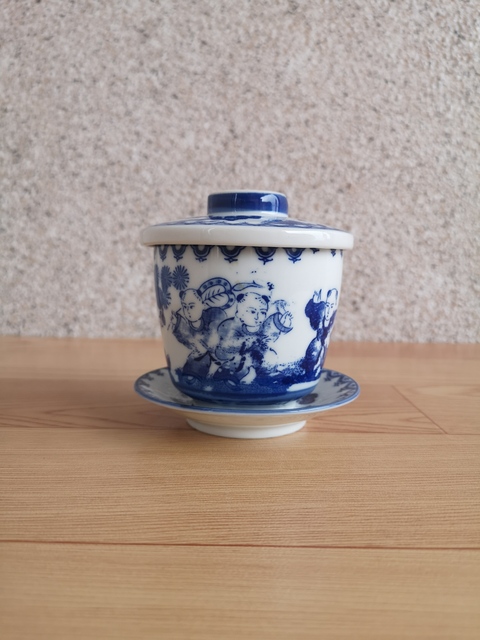 古玩陶瓷嬰戲紋青花三才蓋杯拍賣，當前價格220元