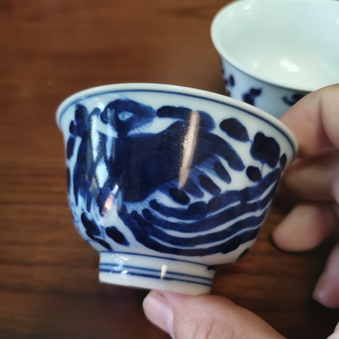 古玩陶瓷十九世紀青花鳳紋杯一對拍賣,當前價格206元