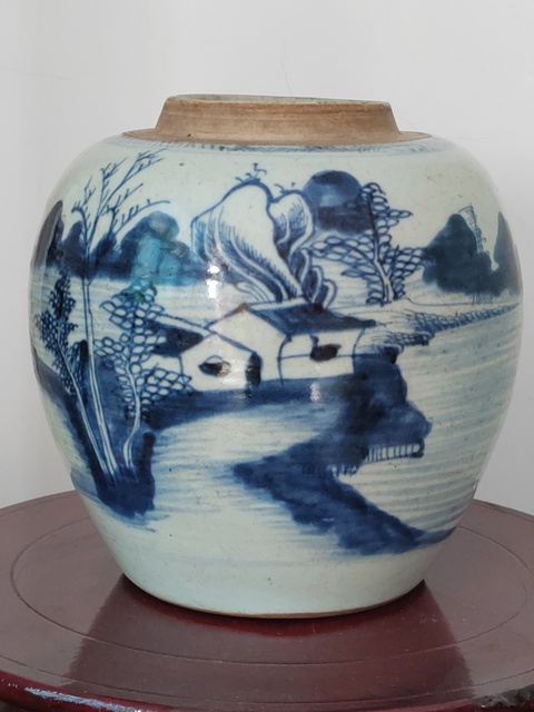 古玩陶瓷清乾隆青花山水紋蓋罐拍賣,當前價格2800元