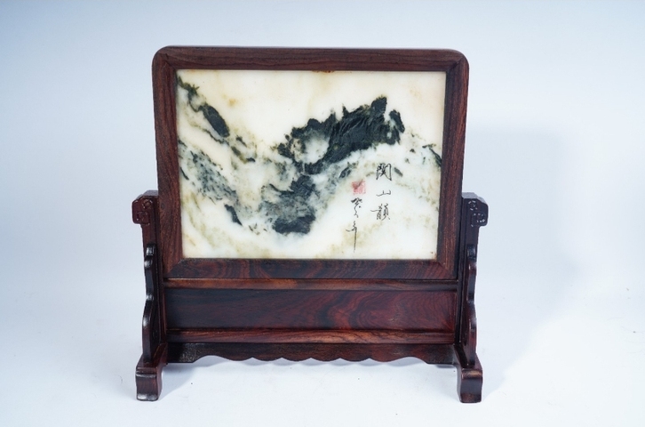 古玩雜項老撾大紅酸枝鑲嵌天然云石插屏?? 尺寸：25*25cm拍賣，當前價格588元