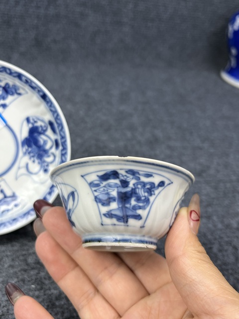 古玩陶瓷青花瓜棱開窗博古花卉紋杯碟套拍賣,當前價格1688元