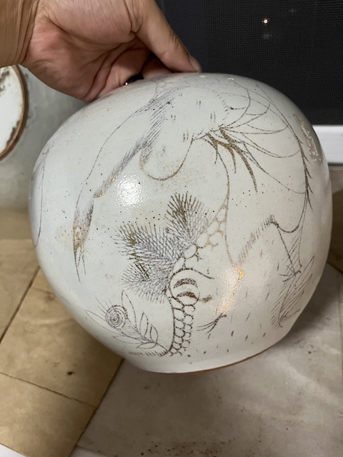 古玩陶瓷白釉描金松鶴圖西瓜罐拍賣,當(dāng)前價格750元