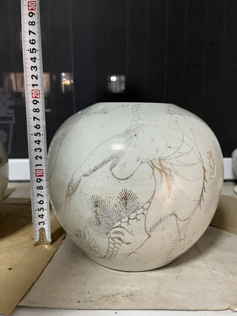 古玩陶瓷白釉描金松鶴圖西瓜罐拍賣,當(dāng)前價格750元