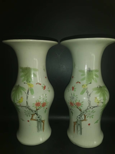 古玩陶瓷粉彩花鳥詩文花觚拍賣，當前價格9988元