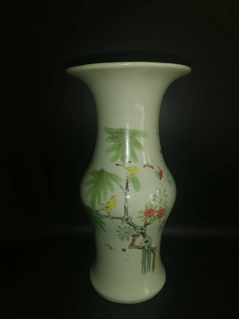 古玩陶瓷粉彩花鳥詩文花觚拍賣，當前價格9988元