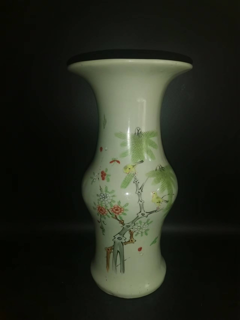 古玩陶瓷粉彩花鳥詩文花觚拍賣，當前價格9988元
