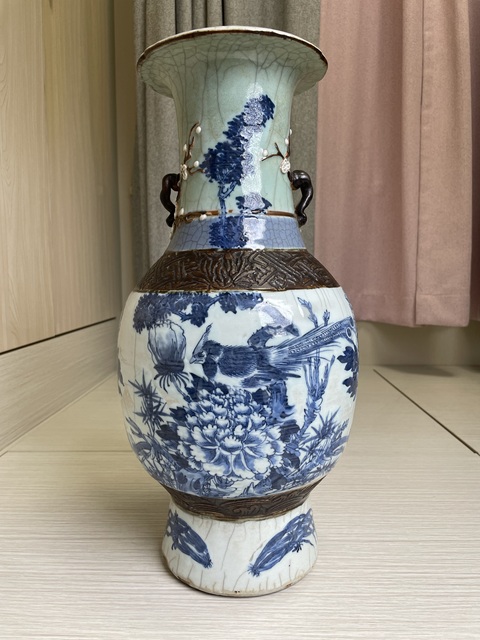 古玩陶瓷清嘉道 什錦釉青花牡丹錦雞圖雙耳大瓶拍賣，當前價格8900元