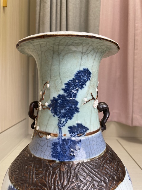 古玩陶瓷清嘉道 什錦釉青花牡丹錦雞圖雙耳大瓶拍賣，當前價格8900元