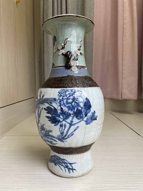 古玩陶瓷清嘉道 什錦釉青花牡丹錦雞圖雙耳大瓶拍賣，當前價格8900元