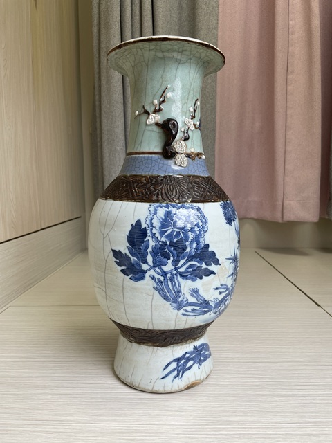 古玩陶瓷清嘉道 什錦釉青花牡丹錦雞圖雙耳大瓶拍賣，當前價格8900元