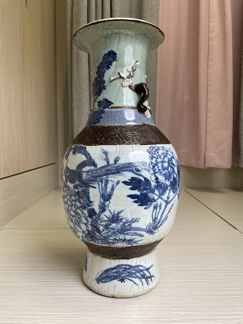古玩陶瓷清嘉道 什錦釉青花牡丹錦雞圖雙耳大瓶拍賣，當前價格8900元