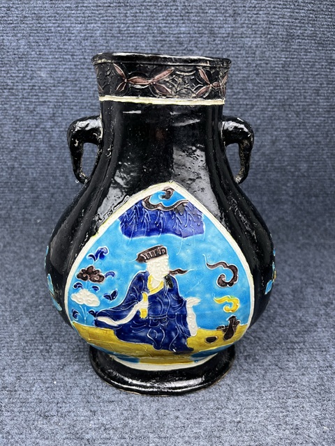 古玩陶瓷琺華彩開窗高士人物象耳尊拍賣，當前價格3999元