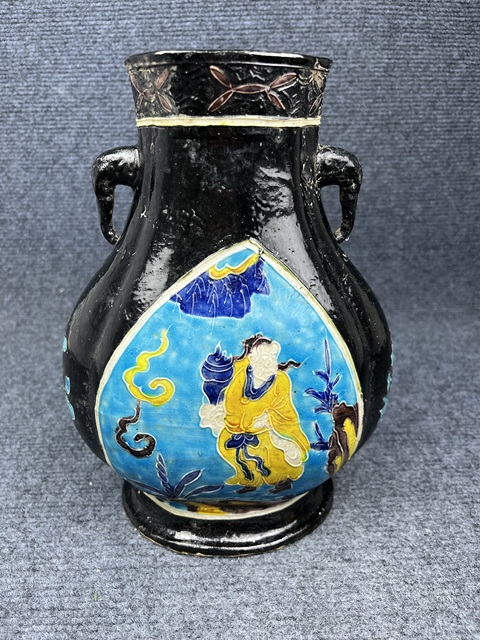 古玩陶瓷琺華彩開窗高士人物象耳尊拍賣，當前價格3999元