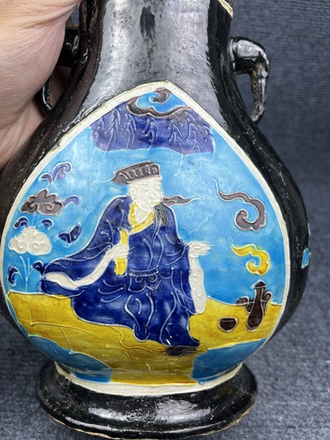 古玩陶瓷琺華彩開窗高士人物象耳尊拍賣，當前價格3999元