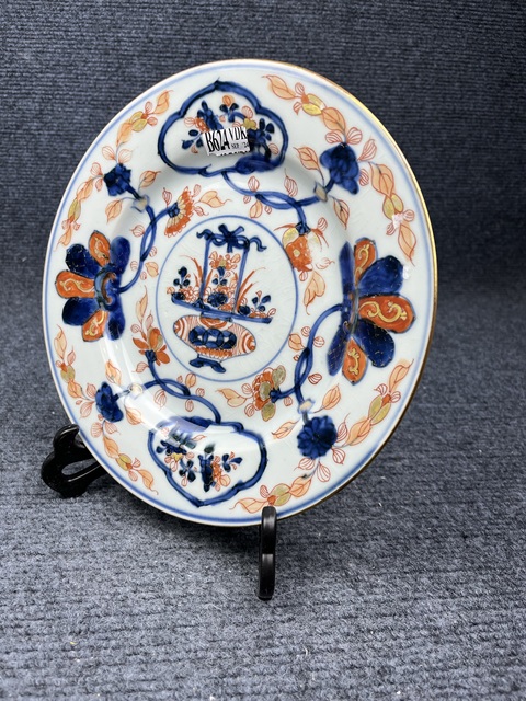 古玩陶瓷青花礬紅描金提籃花卉紋盤拍賣，當前價格1388元
