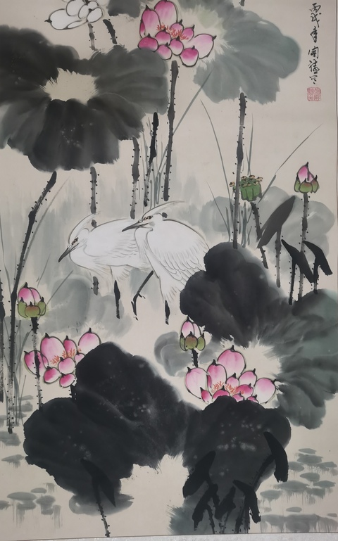 古玩字畫山東著名畫家胡開禧荷塘?xí)月杜馁u，當(dāng)前價格899元