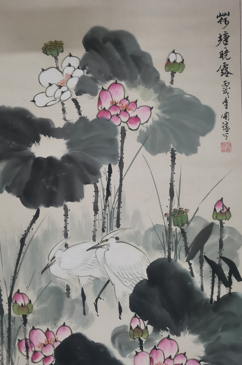 古玩字畫山東著名畫家胡開禧荷塘?xí)月杜馁u，當(dāng)前價格899元