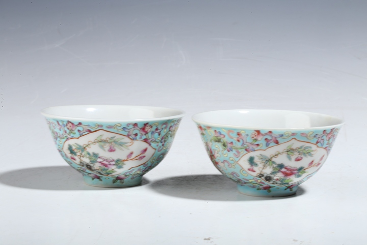 古玩陶瓷松石綠地粉彩開窗花鳥紋小碗一對真品鑒賞圖