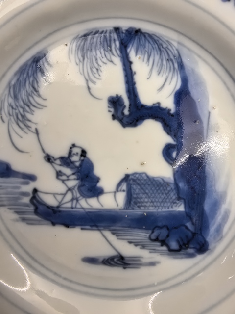 古玩陶瓷晚明青花(行舟問柳)折沿盤拍賣,當前價格6888元