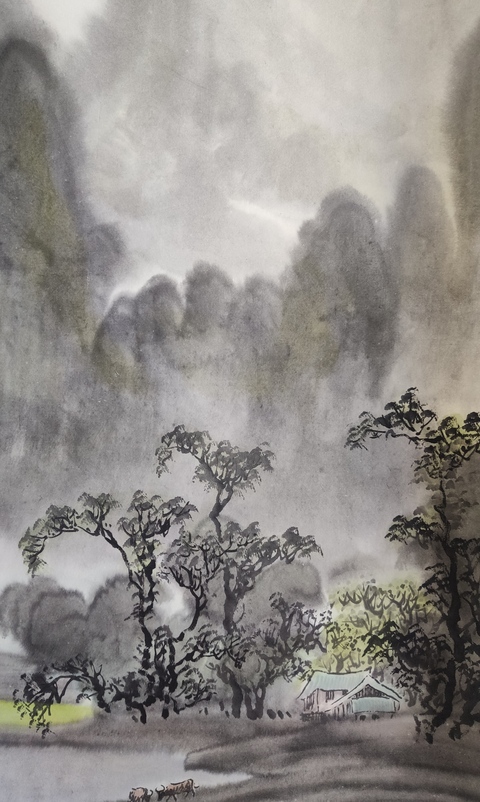 古玩字畫廣西名家 中美協(xié)會員 梁日章先生 夏山曉色 青綠山水手工原裱立軸拍賣,當前價格1000元