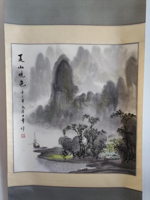 古玩字畫廣西名家 中美協(xié)會員 梁日章先生 夏山曉色 青綠山水手工原裱立軸拍賣,當前價格1000元
