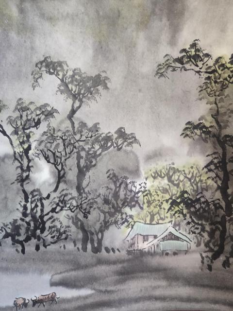 古玩字畫廣西名家 中美協(xié)會員 梁日章先生 夏山曉色 青綠山水手工原裱立軸拍賣,當前價格1000元