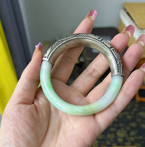古玩玉器清天然翡翠手鐲純銀鑲嵌半銀半玉拍賣,當前價格2200元