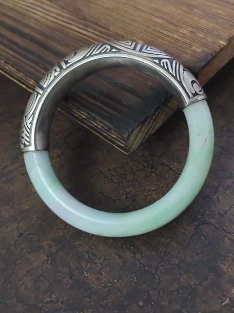 古玩玉器清天然翡翠手鐲純銀鑲嵌半銀半玉拍賣,當前價格2200元