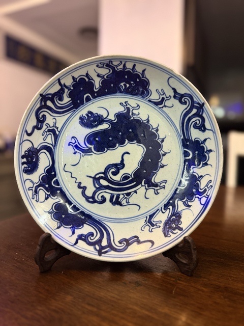 古玩陶瓷雍正青花夔龍紋盤拍賣，當前價格1088元