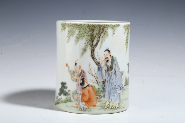 古玩陶瓷超細粉彩王羲之愛鵝紋大筆筒拍賣,當前價格7500元