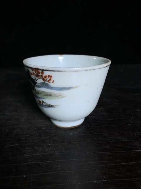 古玩陶瓷淺降彩山水人物紋杯子真品鑒賞圖