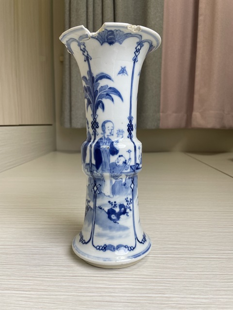 古玩陶瓷清晚期 青花三娘教子圖花觚拍賣，當前價格950元