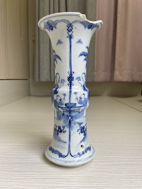 古玩陶瓷清晚期 青花三娘教子圖花觚拍賣，當前價格950元