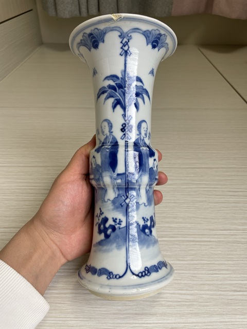 古玩陶瓷清晚期 青花三娘教子圖花觚拍賣，當前價格950元