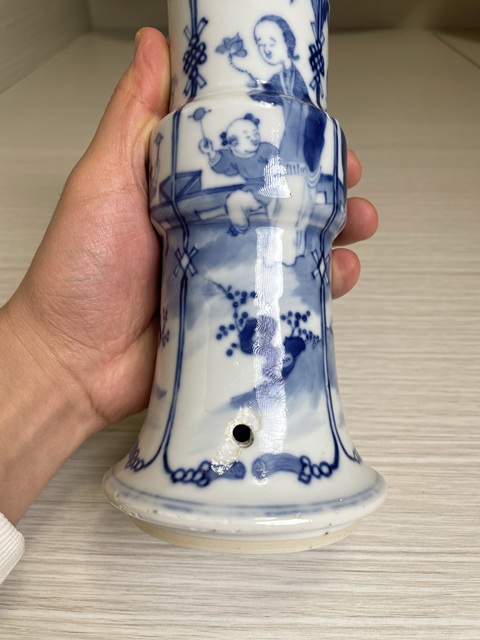 古玩陶瓷清晚期 青花三娘教子圖花觚拍賣，當前價格950元
