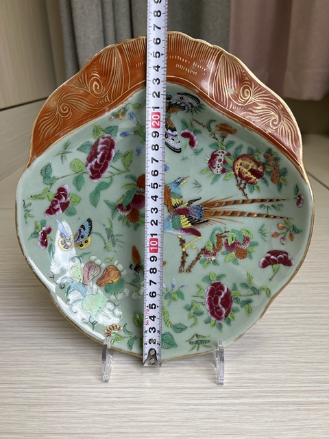 古玩陶瓷清嘉慶 精品細(xì)路冬青釉粉彩花果蟲(chóng)鳥(niǎo)蝶紋貝殼盤(pán)拍賣(mài)，當(dāng)前價(jià)格2000元