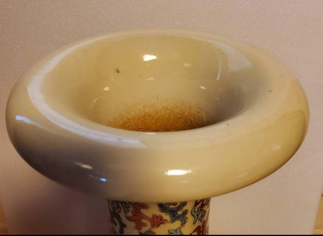 古玩陶瓷粉彩開光鳳穿牡丹圖撇口瓶真品鑒賞圖