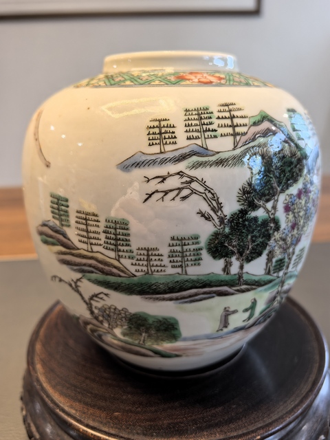 古玩陶瓷晚清細路五彩山水人物紋罐拍賣,當前價格750元