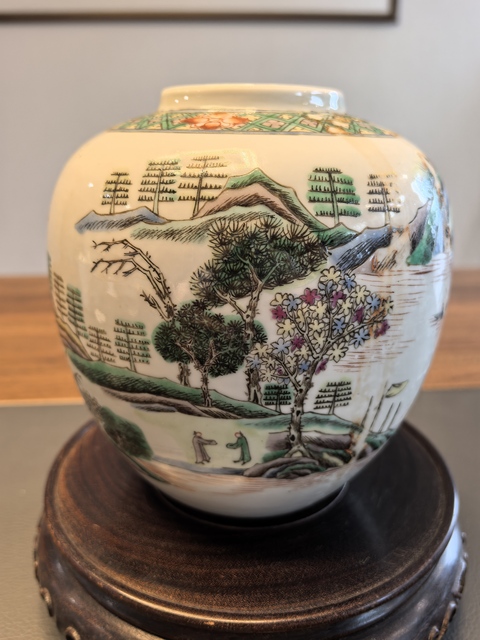 古玩陶瓷晚清細路五彩山水人物紋罐拍賣,當前價格750元