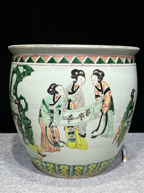 古玩陶瓷晚清五彩仕女人物紋卷缸拍賣，當前價格12500元