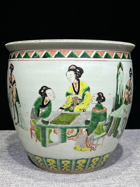 古玩陶瓷晚清五彩仕女人物紋卷缸拍賣，當前價格12500元