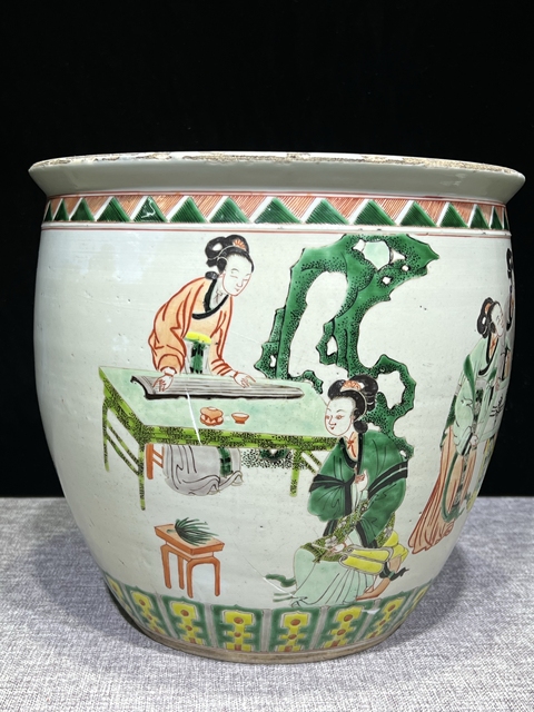 古玩陶瓷晚清五彩仕女人物紋卷缸拍賣，當前價格12500元