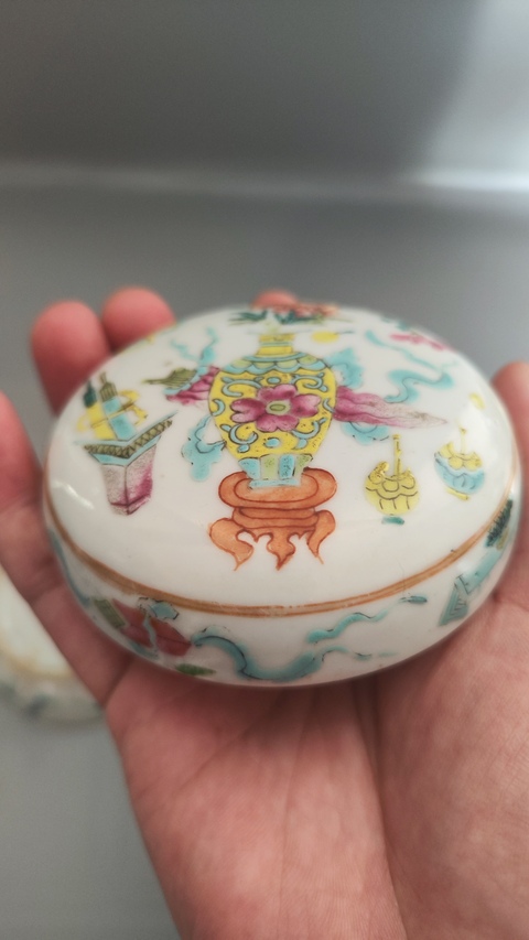 古玩陶瓷清晚·粉彩博古紋蓋盒真品鑒賞圖