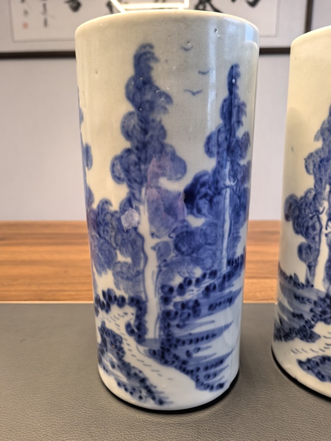 古玩陶瓷一對(duì)晚清意境青花山水人物紋帽筒拍賣(mài)，當(dāng)前價(jià)格2200元