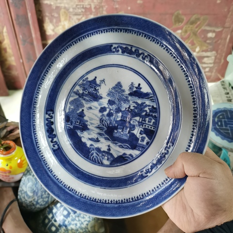 古玩陶瓷清乾隆青花山水人物紋折沿盤拍賣,當前價格1807元