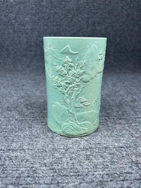 古玩陶瓷松石綠釉雕瓷筆筒拍賣，當前價格7888元