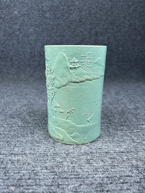 古玩陶瓷松石綠釉雕瓷筆筒拍賣，當前價格7888元